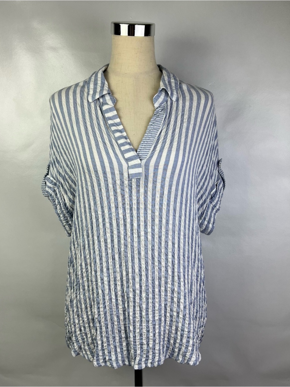 JANE + DELANCEY Women Striped Seersucker Blue White Blouse Top Size L